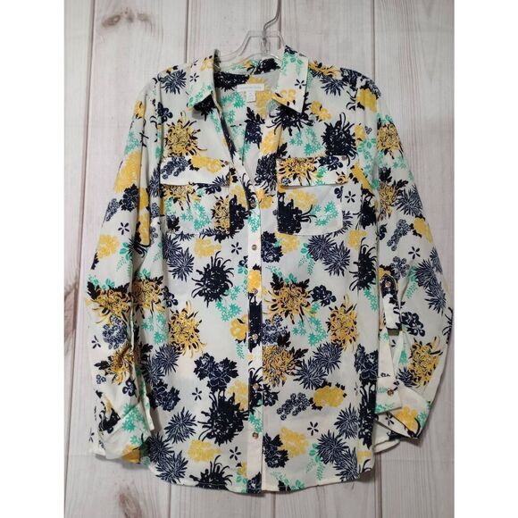 Charter Club Shirt‎ Ladies Medium White Yellow Button Front Semi Sheer - Picture 1 of 7